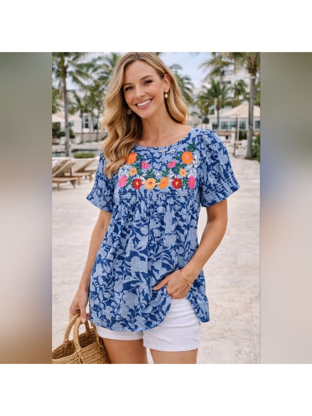 THML Blue Floral Embroidered Dress Size Medium NWOT Boho Peasant Tunic